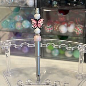 Handcrafted Beaded Silver and Pink Butterfly Pen
